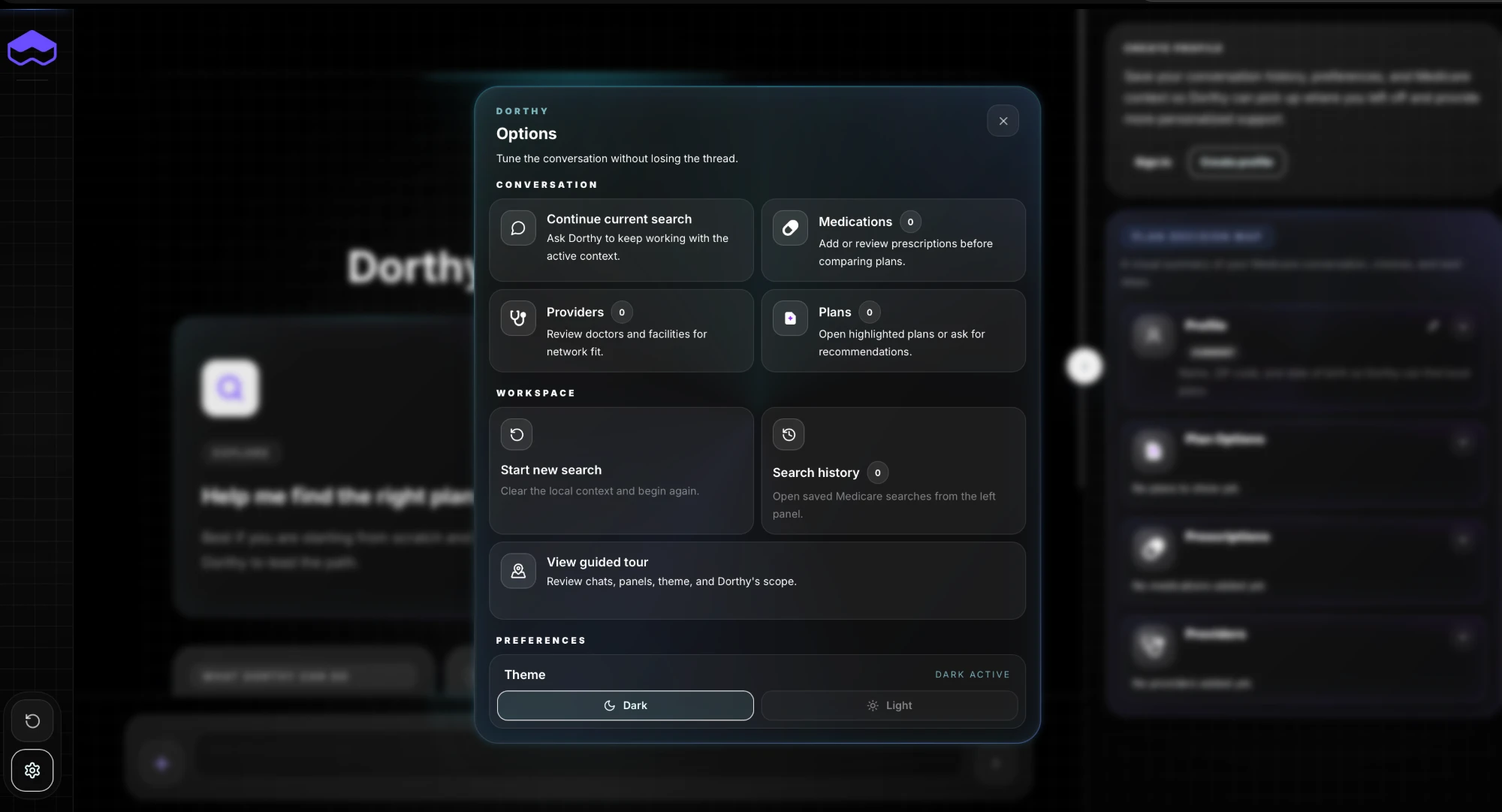 Dorthy in dark mode with the Options panel open.