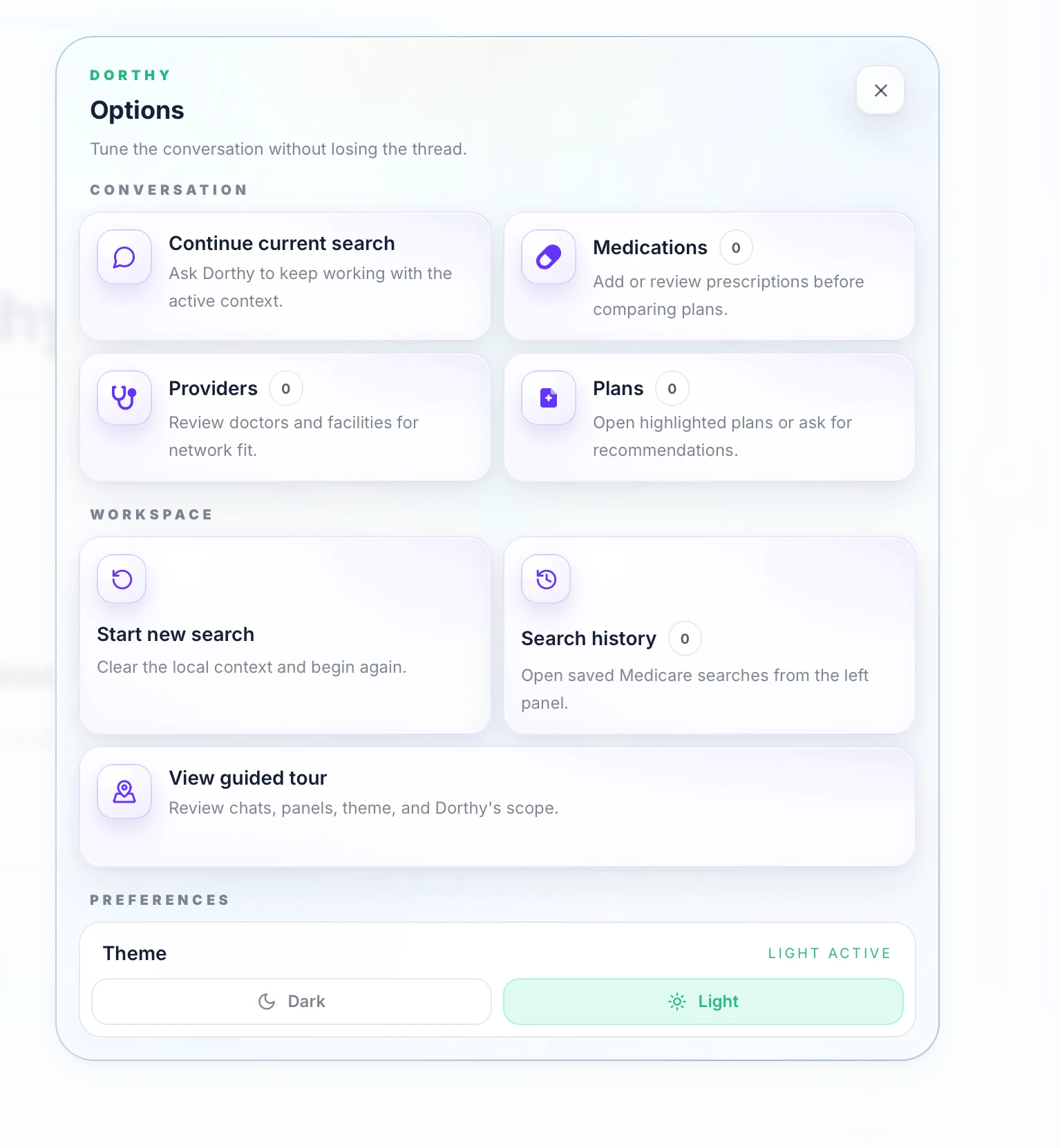 The Options panel in light mode.